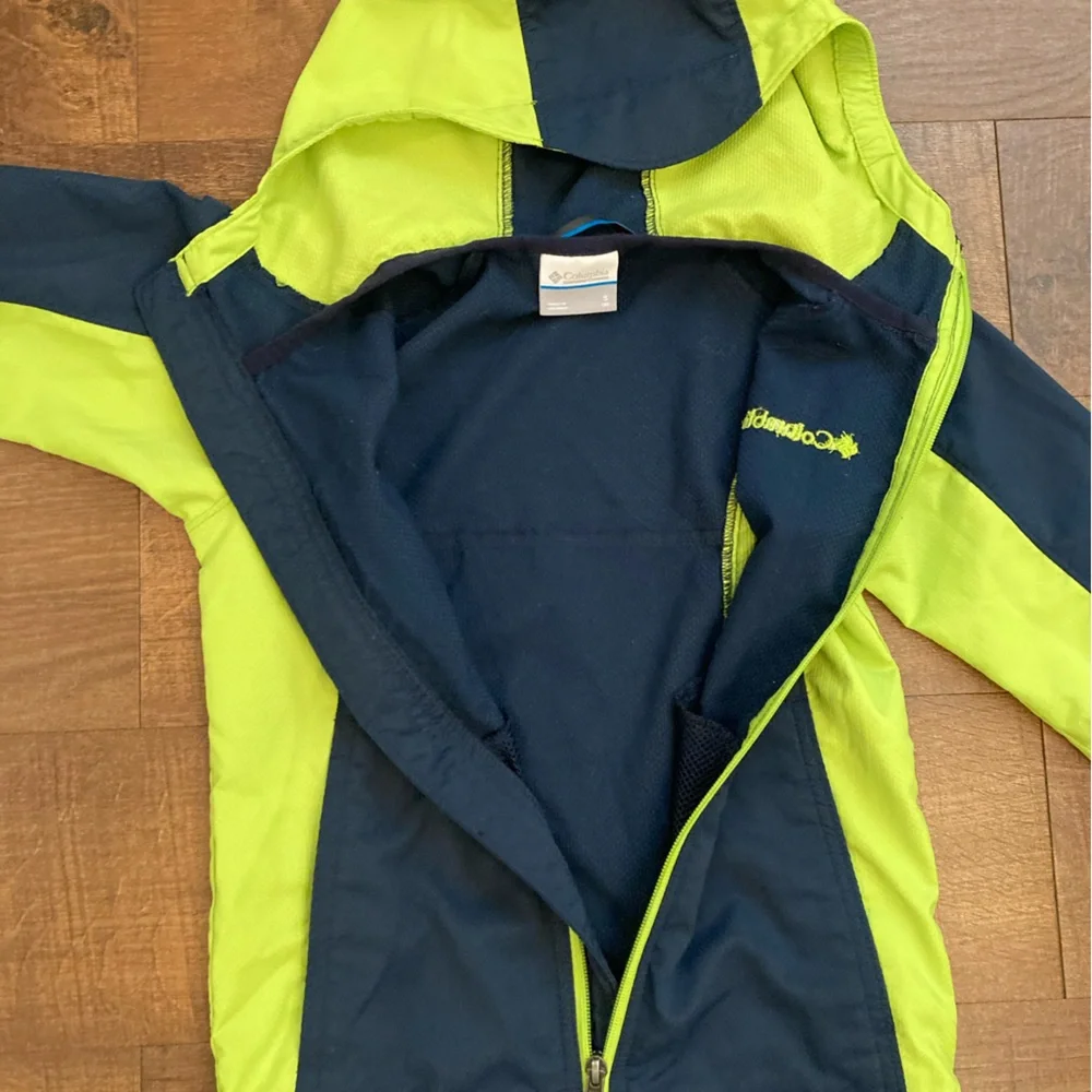 Columbia Omni-Shield Youth Hood Jacket Navy Neon Green Full Zip Size 8 Small
